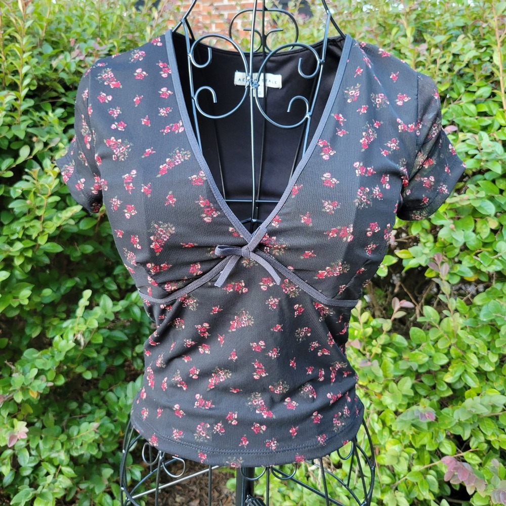 Aeropostale S Mesh Tee Black Red Floral Empire Waist Babydoll Crop Top Romantic